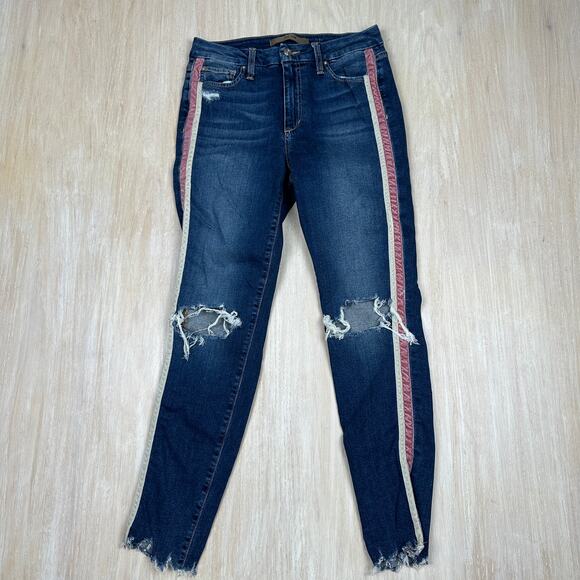 Joe's Jeans Denim - Joe's Jeans Honey High Rise Curvy Skinny Ankle Side Stripe Raina Distressed 29